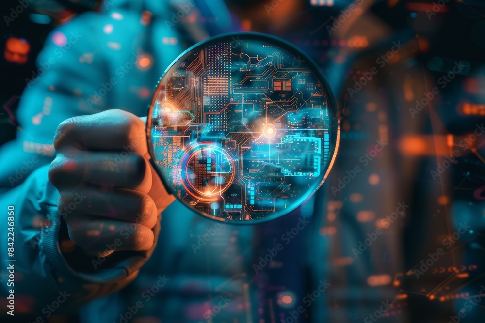 Fototapeta premium Magnifying glass on digital identities close-up, character ICONS and check marks, technical interfaces floating in the background, identity security technology used by businesses