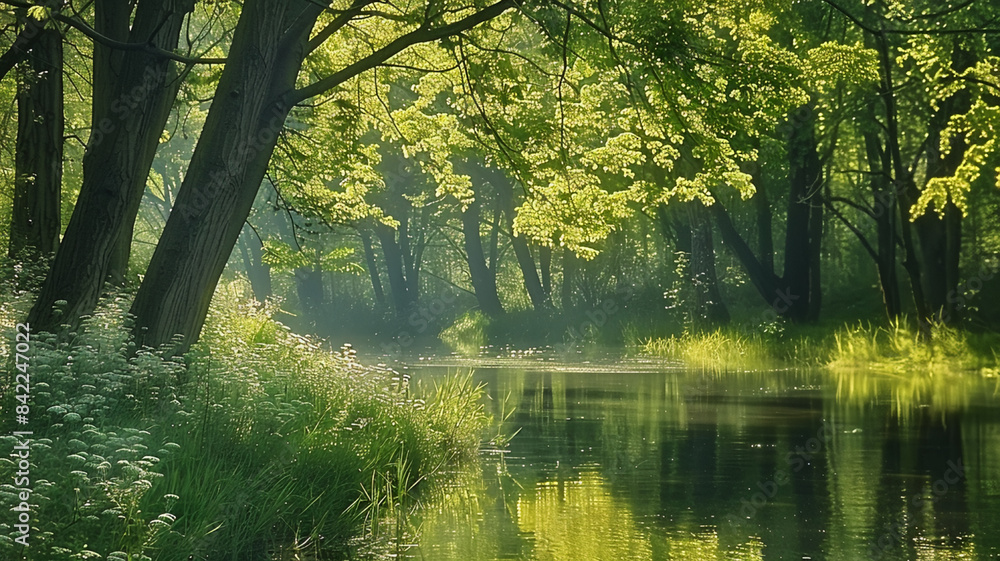 Tranquil scene of a green forest in summer, AI Generative Tranquil scene of a green forest in summer, AI Generative