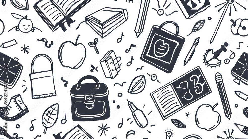 Stationery, children's school learning tools, doodle pattern design illustration, elements of pen, book, globe, apple. Black white style. Stationery, children's school learning tools, doodle pattern design illustration, elements of pen, book, globe, apple. Black white style.