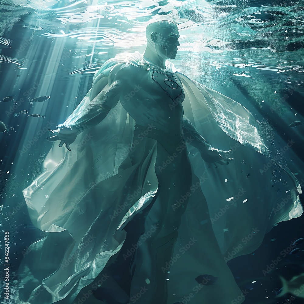 A powerful figure emerges from the depths, cloaked in light and mystery. A powerful figure emerges from the depths, cloaked in light and mystery.