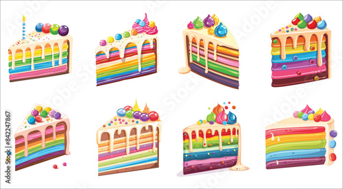 Rainbow cake slice, Delicious rainbow cake, Cake with rainbow layers, Rainbow cake on white background, Rainbow cake decorated with birthday candles, Sweet dessert, Rainbow, Candle, Birthday, Cake