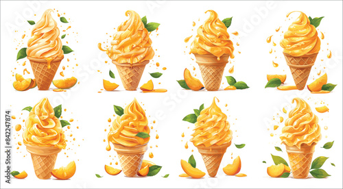 Delicious mango ice cream cone, Mango ice cream cone, Mango ice cream balls, Mango fruit ice cream cone set, Mango dessert, Mango ice cream isolated on white background