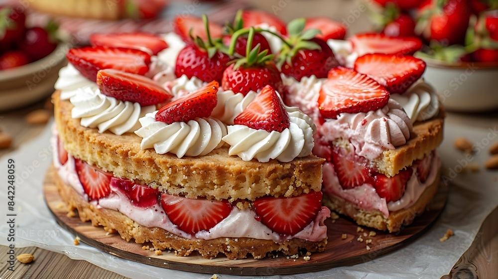 moist strawberry shortcake with whipped cream cut out on an isolated simple minimalist background moist strawberry shortcake with whipped cream cut out on an isolated simple minimalist background