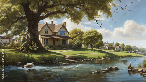 A bird is sitting under a tree a river ai generative photo