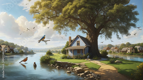 A bird is sitting under a tree a river ai generative photo