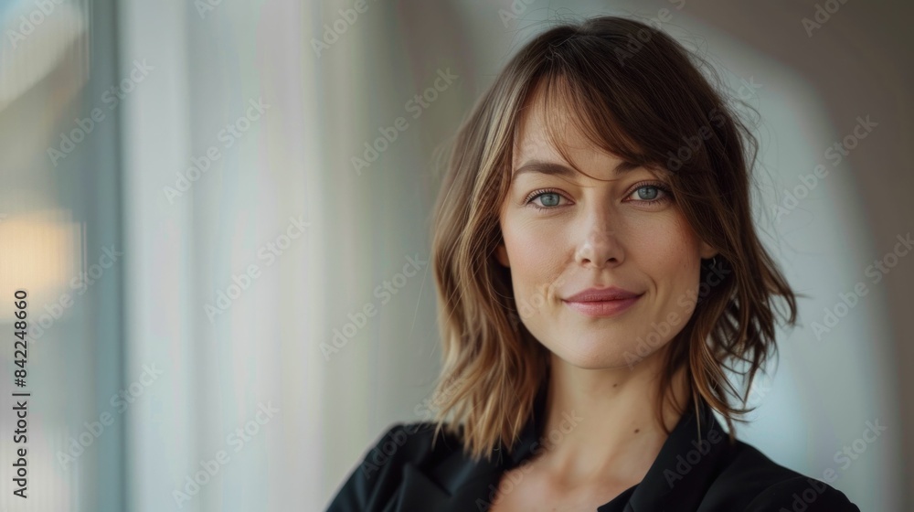Stylish woman with short brown hair and blue eyes standing in front of a window posing for a fashion photoshoot Stylish woman with short brown hair and blue eyes standing in front of a window posing for a fashion photoshoot