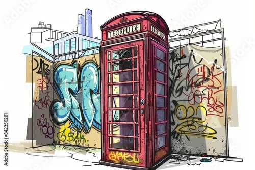 Cartoon cute doodles of a vintage telephone booth with rotary dials and graffiti-covered walls, Generative AI