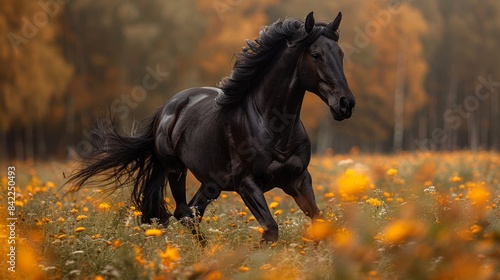 Black elegance stallion horse  a mammal  with some beautiful sleek fur running in the warming sunlight and a plain that s full of tall grass in the forest.