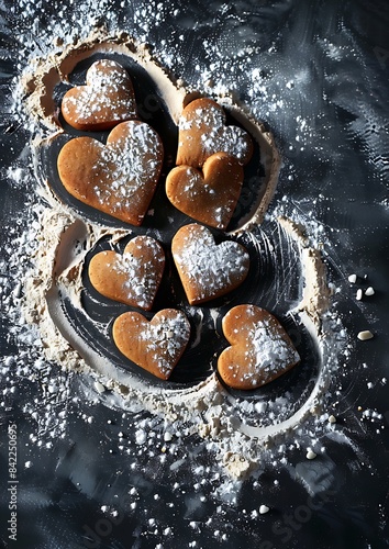 Spicy ginger dough for heart-shaped cookies for Valentine's presents, sprinkled with flour