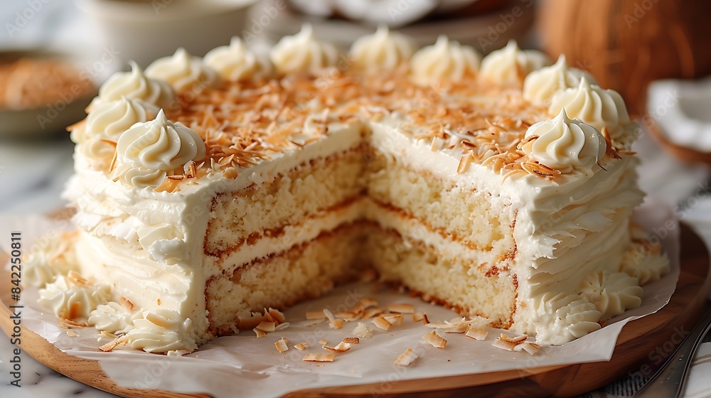 rich and creamy coconut tres leches cake cut out on an isolated simple minimalist background rich and creamy coconut tres leches cake cut out on an isolated simple minimalist background