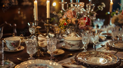 A vintage-inspired wedding table arrangement featuring antique silverware, ornate candelabras, and heirloom china, adding a touch of nostalgia to the occasion. © Ahmad