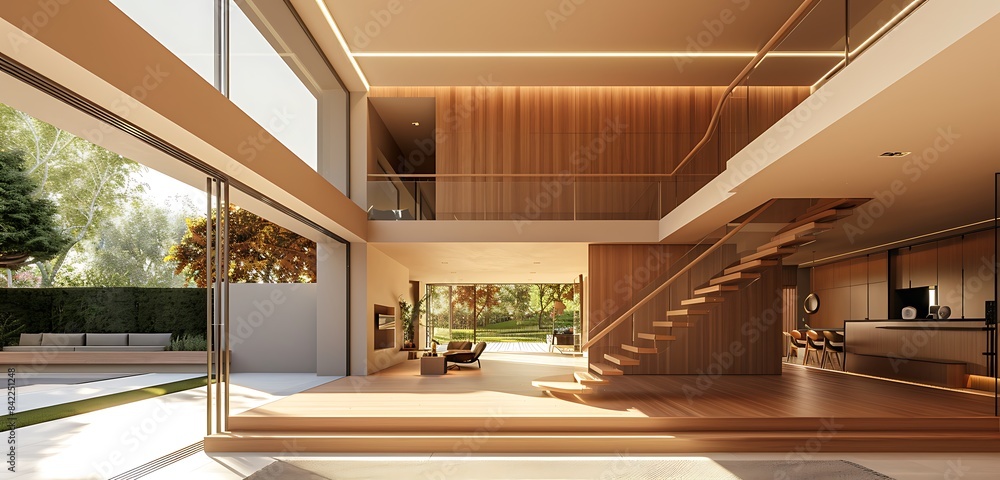 A modern luxury home entrance with a double-height ceiling and a ...