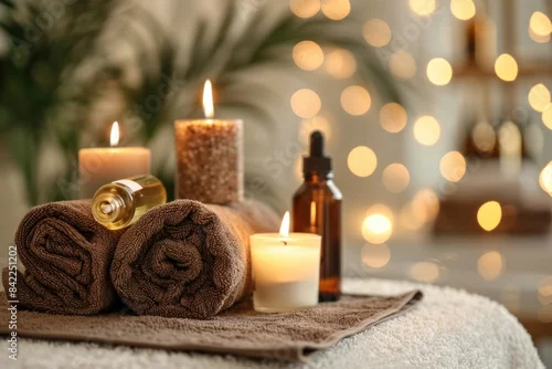 Fototapeta na wymiar Relaxing spa room with towels, candles, and soft lights for beauty and wellness retreat