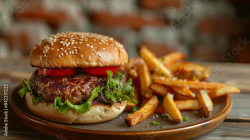 A Juicy Cheeseburger With French Fries on a Wooden Table