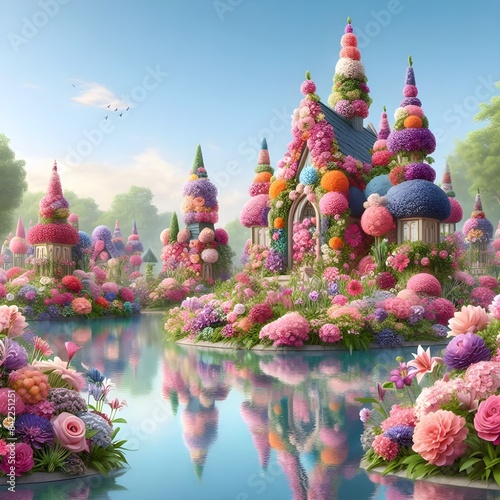 Floral Haven: A House Among Blooms, vibrant garden with an array of pink and purple flowers, including a prominent floral structure in the shape of a house with a pointed roof, surrounded by lush gree photo