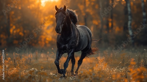 Black elegance stallion horse, a mammal, with some beautiful sleek fur running in the warming sunlight and a plain that's full of tall grass in the forest.