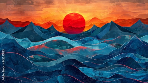 Abstract art background with red sun and blue waves, photo