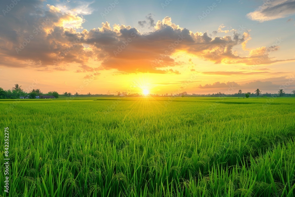 Golden Sunset Over Rice Paddy Fields Golden Sunset Over Rice Paddy Fields