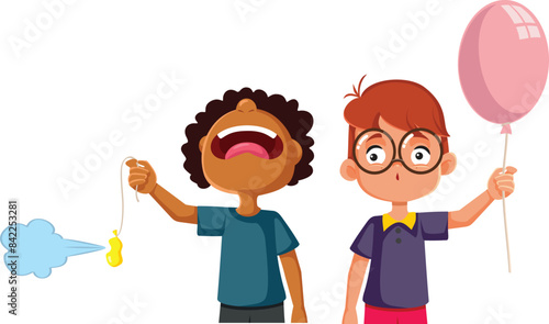 Unlucky Sad Boy Loses Balloon Unlike His Friend Vector Cartoon. Kid being envious on his buddy because his toy was ruined 
