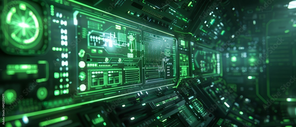 High-tech interface with HUD elements, sci-fi style, green hues, copy space High-tech interface with HUD elements, sci-fi style, green hues, copy space