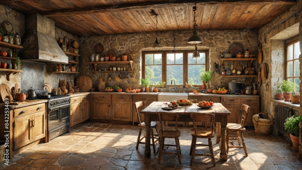 Rustic Country Kitchen Interior with Stone Walls and Wooden Beams Rustic Country Kitchen Interior with Stone Walls and Wooden Beams