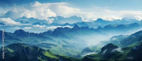 Misty mountain ridge with a panoramic view of surrounding peaks and valleys