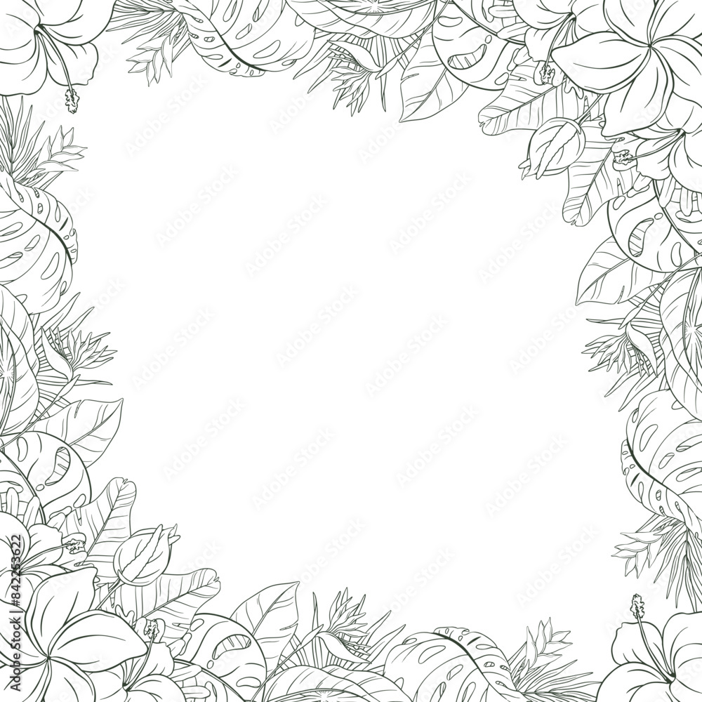 Hand Drawn Tropical Leaf and Flower Background Hand Drawn Tropical Leaf and Flower Background