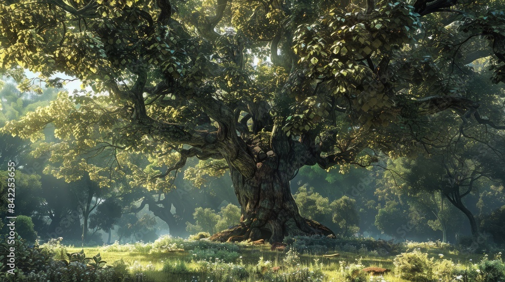 Large tree at the center of the woodland Large tree at the center of the woodland
