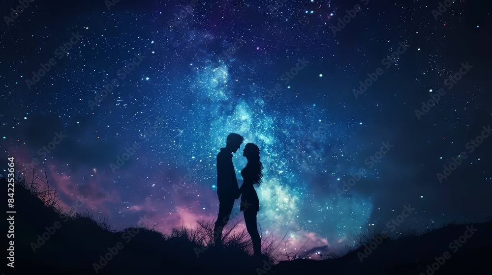 Couple's silhouettes intertwined with starry night sky, romantic atmosphere Couple's silhouettes intertwined with starry night sky, romantic atmosphere