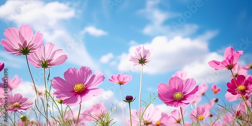 Beautiful close-up view of pink flowers on a field  with a sunny blue sky and clouds  Generative AI 