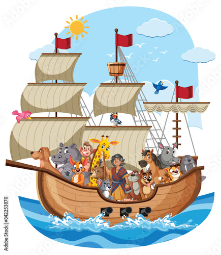 Various animals on a ship at sea