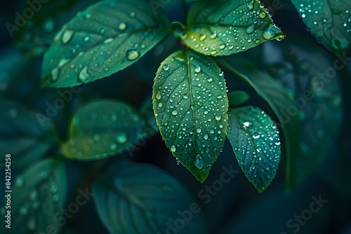 A macro shot of a dewdrop on a leaf, glistening like a perfect dot, surrounded by vibrant green foliage photo