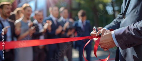 A close-up of a ribbon-cutting ceremony with a crowd applauding in the background, symbolizing the opening of a new business or event.