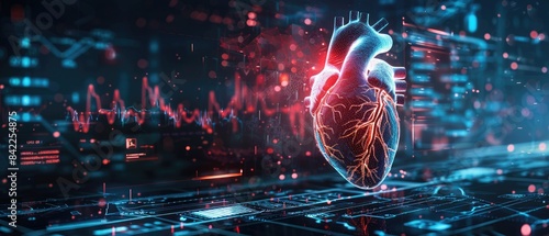 A digital representation of a human heart with glowing data and analytics. Concept of healthcare technology, medical research, and cardiovascular science.