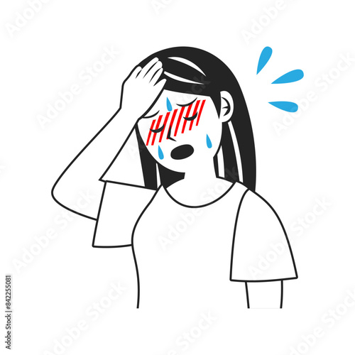 発熱して頭を押さえる女性。シンプルなベクターイラスト。
Feverish woman holding her head.  Simple vector illustration.