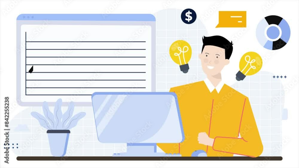 business animated video with office interior with man working illustration business animated video with office interior with man working illustration