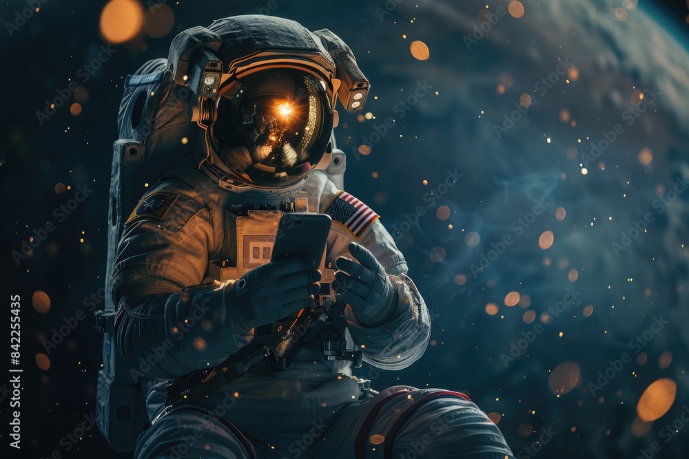 Fototapeta premium Astronaut in outer space using a mobile phone, with Earth in the background, surrounded by floating particles. Technology meets space exploration.