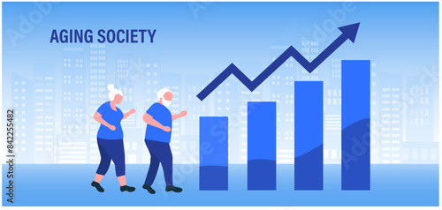 Aging society concept, world population aging because of low birth. Increasing senior elderly people vector illustration