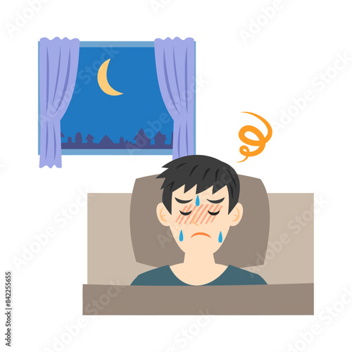 暑くて寝苦しい男性。フラットなベクターイラスト。
Suffering from heat and unable to sleep man.  Flat vector illustration.