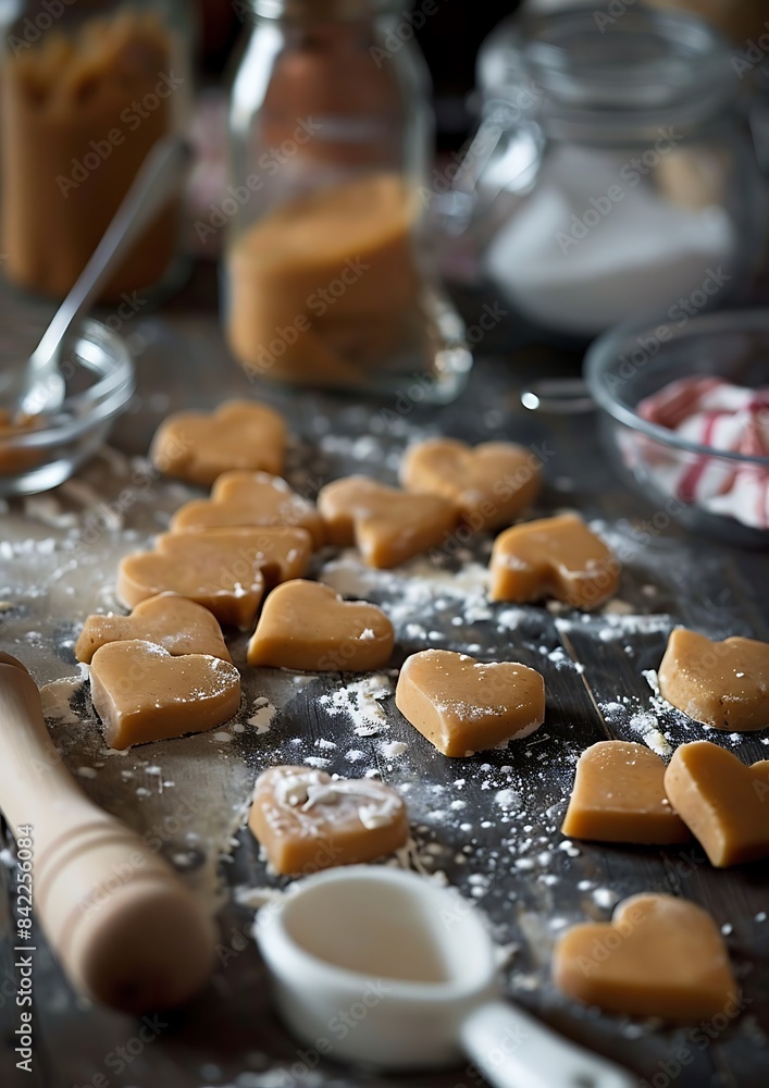 Spicy ginger dough for heart-shaped cookies for Valentine's presents, ready for baking Spicy ginger dough for heart-shaped cookies for Valentine's presents, ready for baking