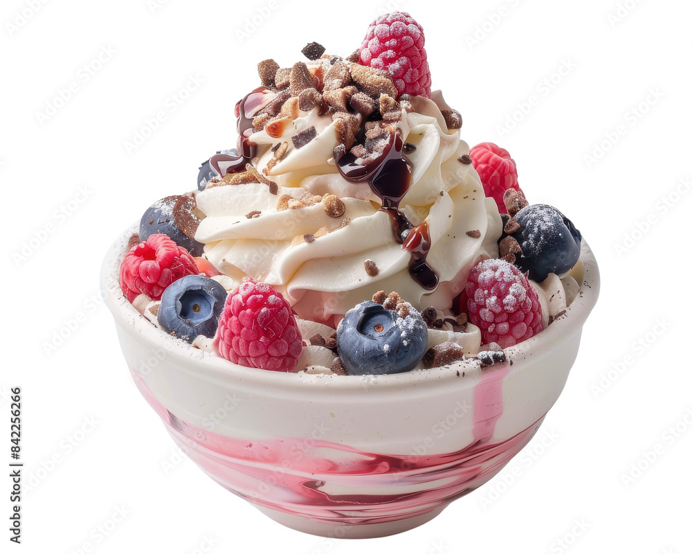 A delicious bowl of frozen yogurt topped with fresh berries, chocolate syrup, and nuts, perfect for a refreshing dessert. A delicious bowl of frozen yogurt topped with fresh berries, chocolate syrup, and nuts, perfect for a refreshing dessert.