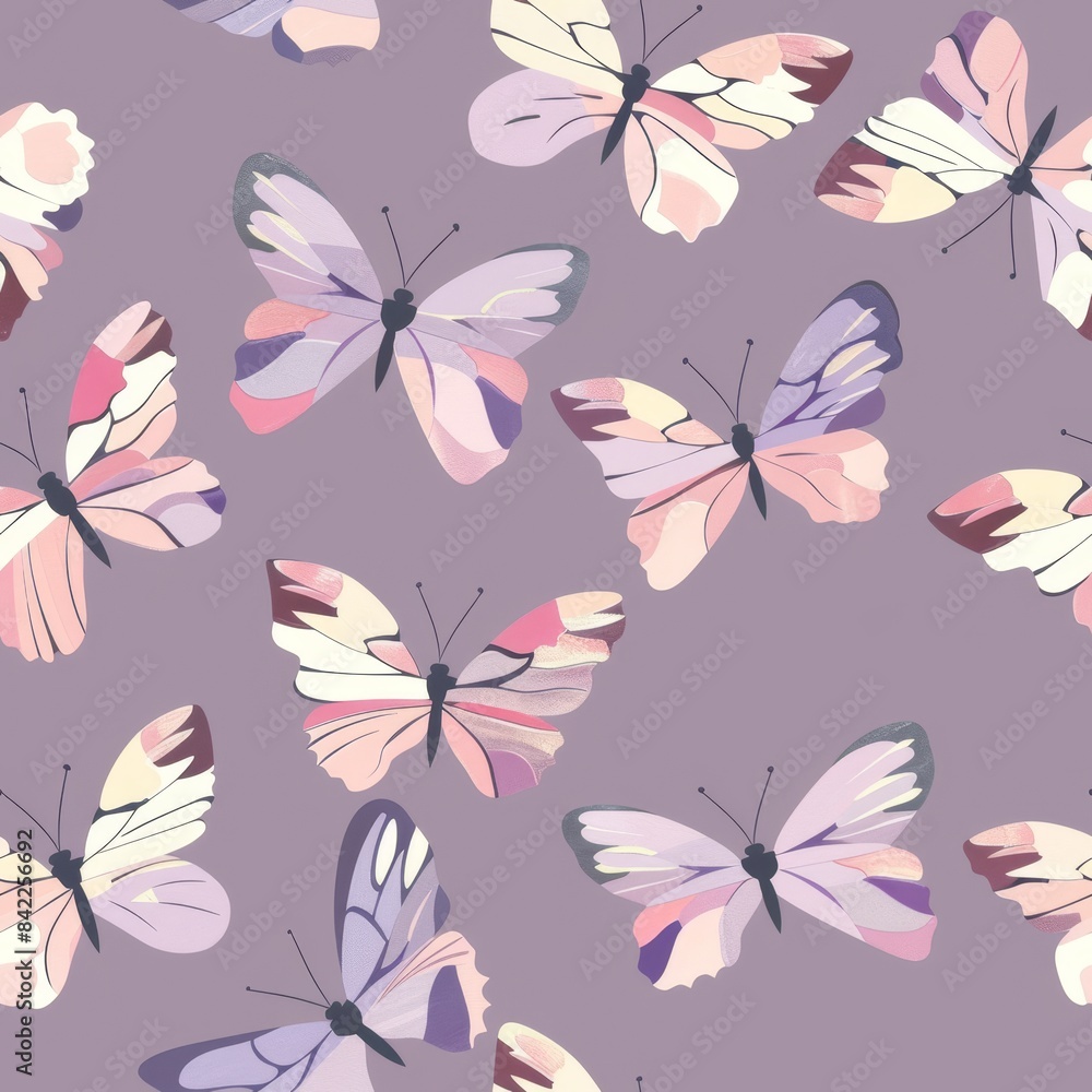Muted pastel purple butterfly seamless pattern with soft hues on a purple background Muted pastel purple butterfly seamless pattern with soft hues on a purple background