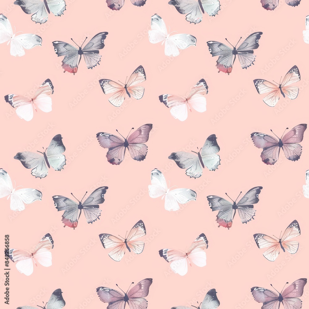 Subtle pink and white butterfly seamless pattern on a light pink background Subtle pink and white butterfly seamless pattern on a light pink background
