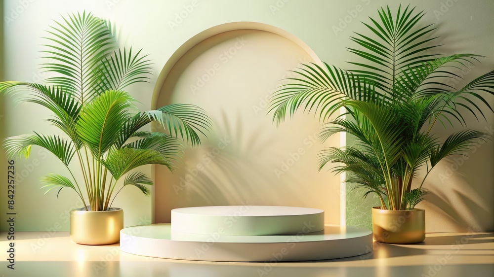 3d render minimalist podium for display product. tropical concept 3d render minimalist podium for display product. tropical concept