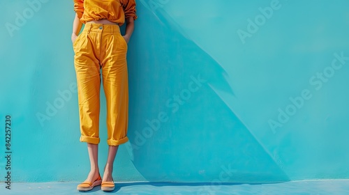 Stylish Woman in Yellow Pants and Orange Sweater Against Vibrant Blue Background