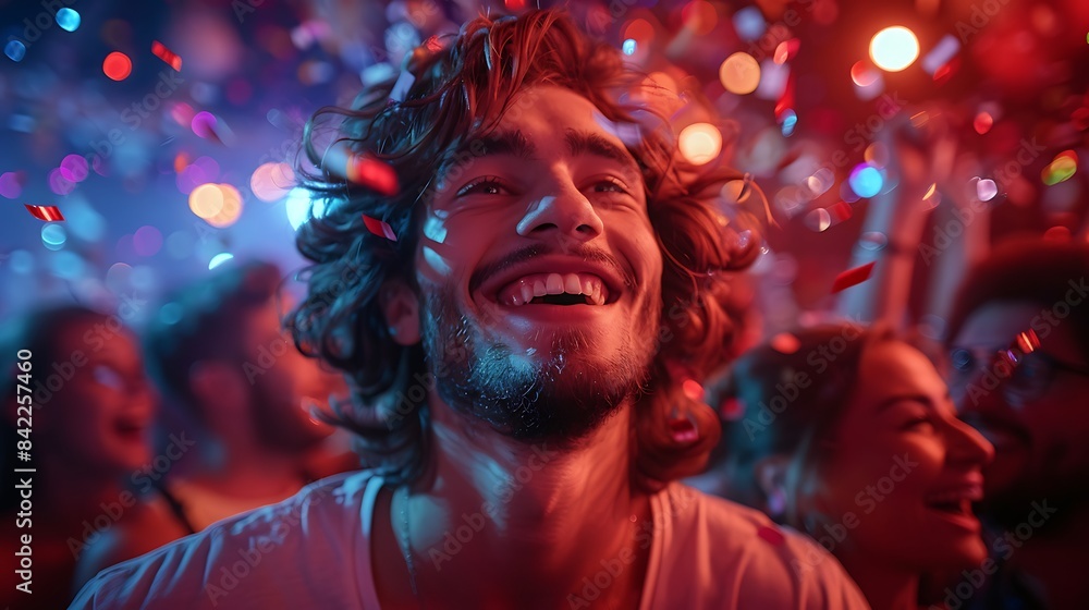 young man celebrating New Years Eve with friends in a club young man celebrating New Years Eve with friends in a club