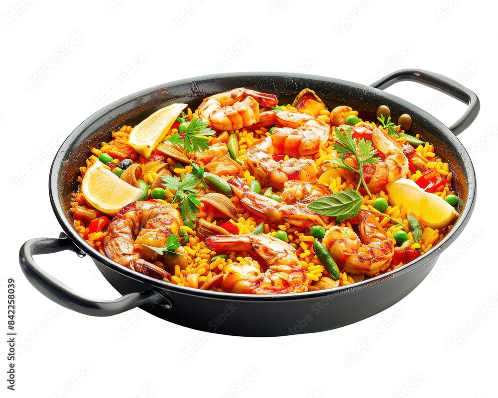 Delicious seafood paella in a black pan, garnished with fresh herbs and lemon slices, showcasing vibrant colors and mouthwatering ingredients. Delicious seafood paella in a black pan, garnished with fresh herbs and lemon slices, showcasing vibrant colors and mouthwatering ingredients.