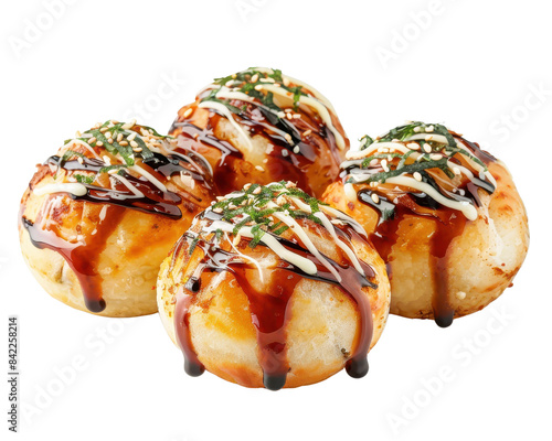 Delicious takoyaki octopus balls with savory sauce and toppings, perfect for a quick snack or appetizer. Japanese street food favorite.