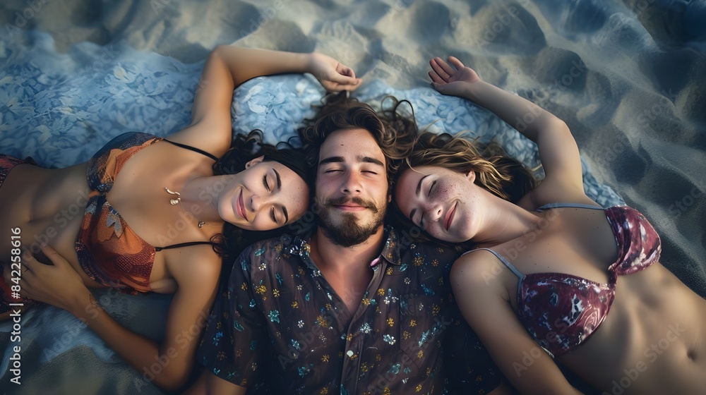 Polyamorous relationship between two women and one man, illustrating