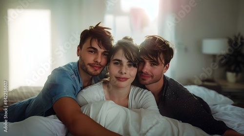 Polyamorous relationship between two men and one woman, a portrayal of mutual love and connection in a threesome (Generative AI)